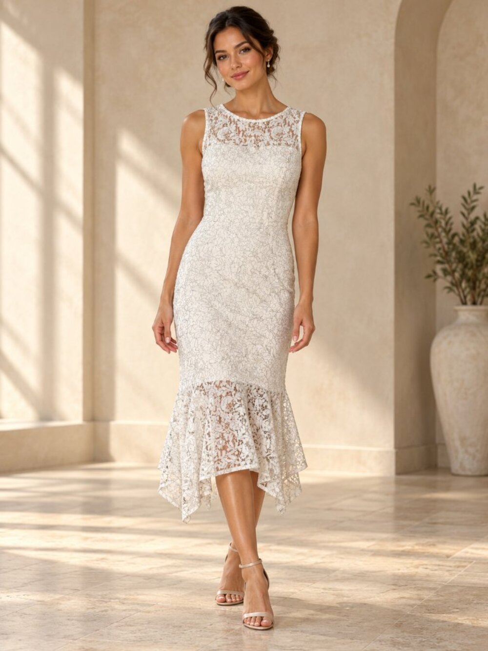 Kensie Ivory Silver Floral Lace Handkerchief-Hem Midi Dress Size 4 NWT